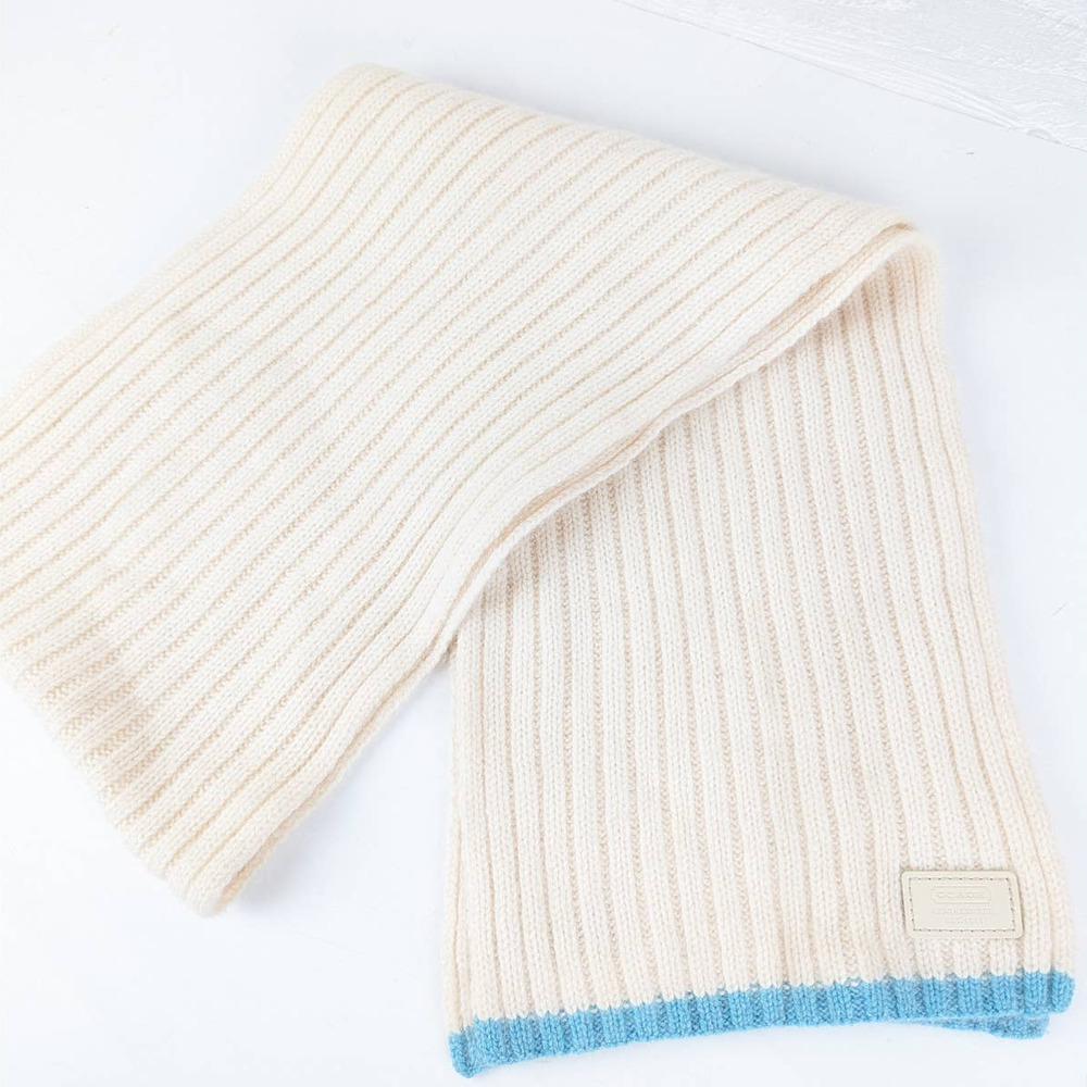 Coach Angora Cashmere Blend Scarf Ivory with Teal Trim 56" X 8"